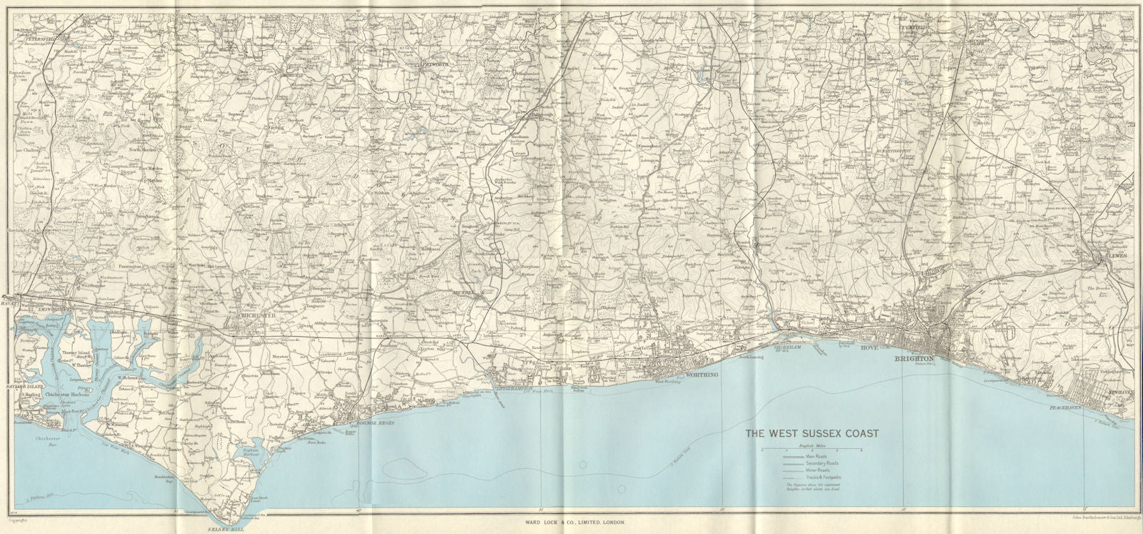 W SUSSEX COAST South Downs Brighton Worthing Bognor Regis Chichester c1963 map